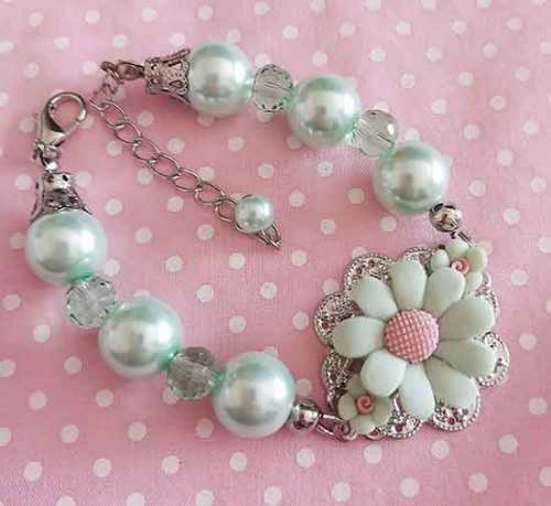 Perrine Bracelets, Green Glass Pearls+Green Crystal Beads, Flower Centre, Lobster Clasp, 19cm+5cm