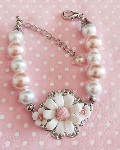 Perrine Bracelets, Pink+White Glass Pearls, Flower Centerpiece, Lobster Clasp, 19cm+5cm