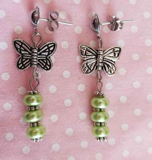 Perrine Earrings, Green Glass Pearls+Nickel Butterfly+Ear Studs, 43mm, 2pc