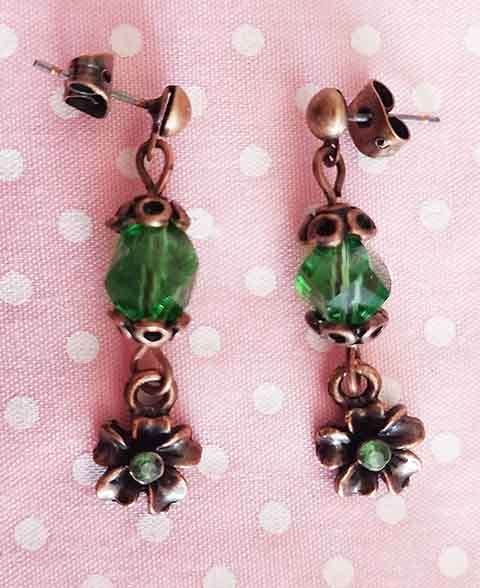 Cristia Earrings, Green Crystal Beads, Flower+Rhinestone, Copper Findings And Ear Studs, 35mm