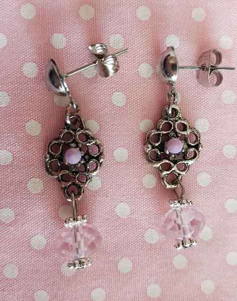 Cristia Earrings, Pink Crystal Beads, Nickel Findings And Ear Studs, 36mm