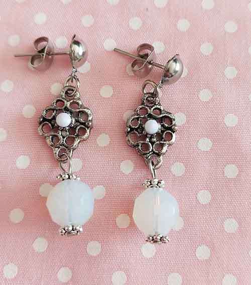 Cristia Earrings, Milky White Crystal Beads, Nickel Findings And Ear Studs, 36mm