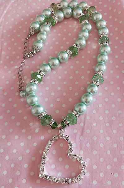 Perrine Necklace, Green Glass Pearls+Crystal Beads...,Heart Pendant, Lobster Clasp, 44cm+5cm Ext