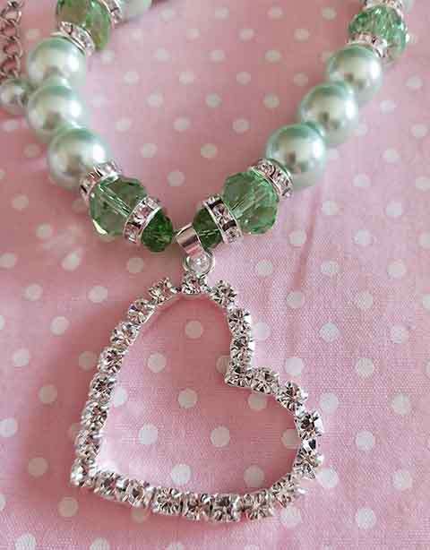 Perrine Necklace, Green Glass Pearls+Crystal Beads...,Heart Pendant, Lobster Clasp, 44cm+5cm Ext