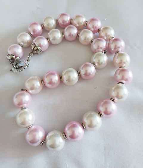 Perrine Necklace, Shades of Pink Glass Pearls, Nickel Findings, Toggle Clasp, 48cm