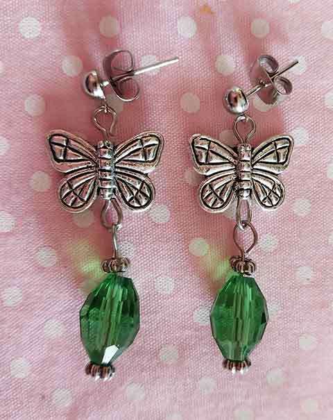 Cristia Earrings, Green Crystal Beads+Nickel Butterfly And Ear Studs, 38mm