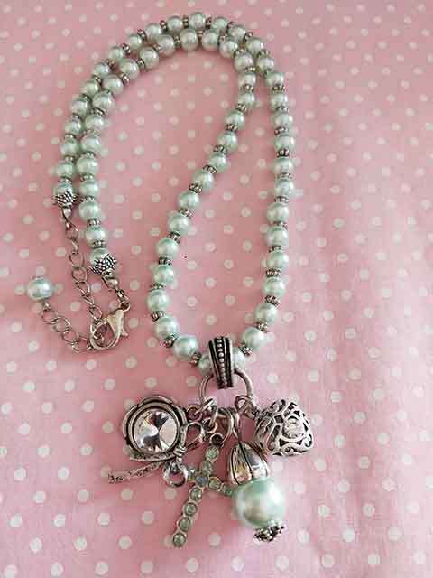 Perrine Necklace, Green Glass Pearls+Heart,Flower,Pearl,Bow+Nickel Findings, Lobster Clasp, 42cm+5c