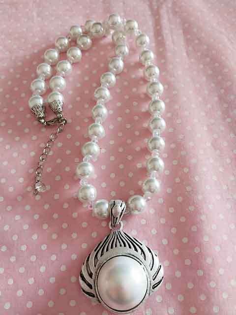 Perrine Necklace, White Glass Pearls+Clear AB Crystal Beads+Nickel Findings, Lobster Clasp, 46cm+5cm