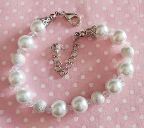 Perrine Bracelets, White Glass Pearls+Clear Crystal+Silver Glitter Beads, Lobster Clasp, 19.5cm+5cm