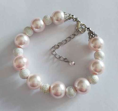 Perrine Bracelets, Pink Glass Pearls+Silver Glitter Beads, Lobster Clasp, 19.5cm+5cm