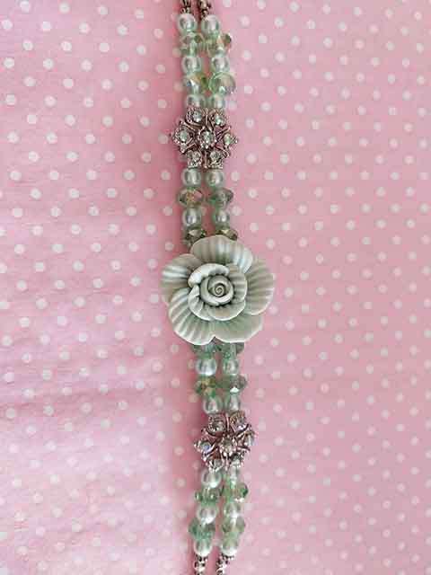 Perrine Bracelets, Green Glass Pearls+Crystal Beads, Rose Center Piece, Lobster Clasp, 20cm+5cm