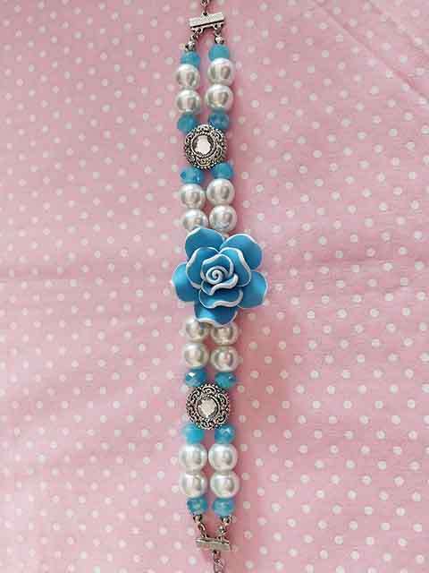 Perrine Bracelets, White Glass Pearls+Blue Crystal Beads, Rose Center Piece, Lobster Clasp, 20cm+5cm