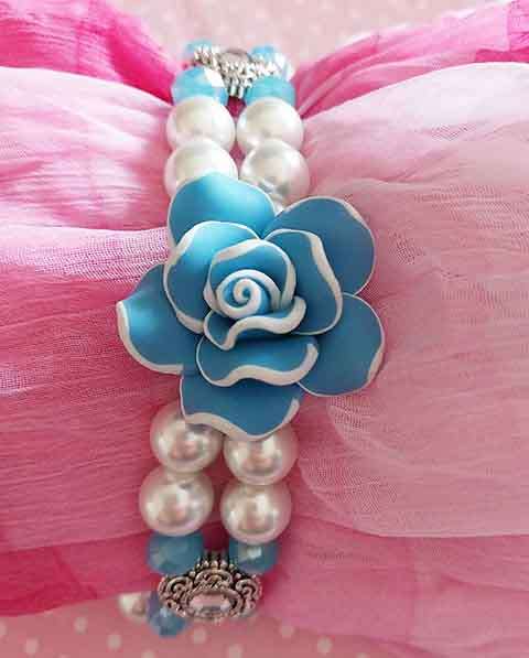 Perrine Bracelets, White Glass Pearls+Blue Crystal Beads, Rose Center Piece, Lobster Clasp, 20cm+5cm