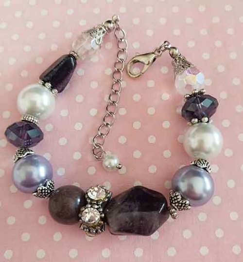 Perrine Bracelets, White+Purple Glass Pearls+Purple Amethyst+Crystal Bead, Lobster Clasp, 18.5cm+5cm