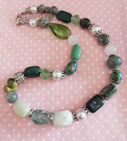 Simone Necklace, Green Semi-Precious+Green Crystal+Foi Beads+W Glass Pearls, Lobster Clasp, 46cm+5cm