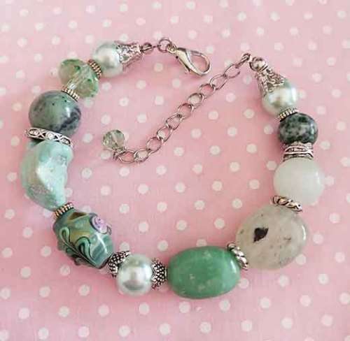 Simone Bracelet, Green Semi-Precious Beads+Green Glass Pearls+Porcelain, Lobster Clasp, 18.5cm + 5cm