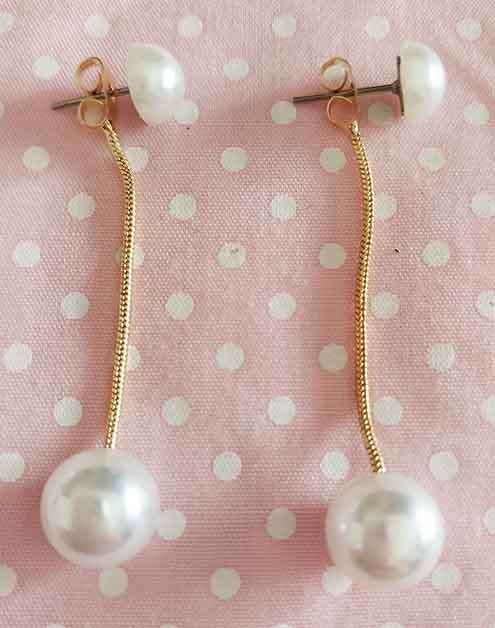 Perrine Earrings, White Faux Pearls+Gold Coloured Chain, Faux Pearl Studs, 52mm, 2pc