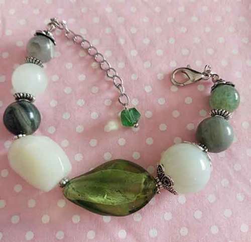 Simone Bracelet, Green Semi-Precious Beads+Foil Beads, Nickel Find Lobster Clasp, 16.5cm + 5cm