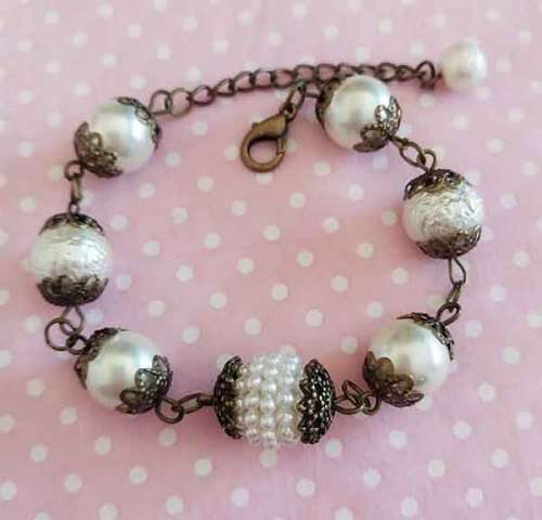 Perrine Bracelets, Beige Glass Pearls+Bronze Findings, Lobster Clasp, 18.5cm+5cm