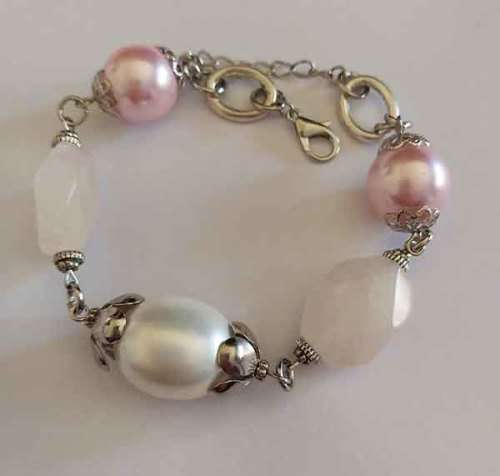 Perrine Bracelets, White Shell Pearls,Pink Glass Pearls+Pin+Nickel Findings, Lobster Clasp, 22cm+5cm