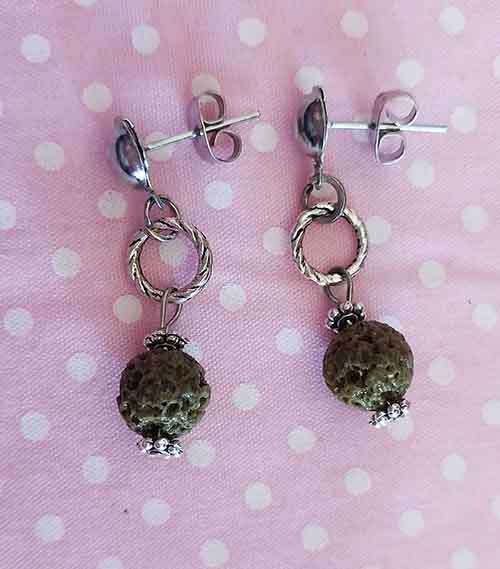 Simone Earrings, Khaki Green Lava Beads, Nickel Ear Studs + Findings, 30mm
