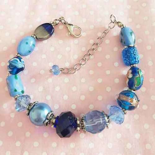 Mistique Bracelet, Blue Glass Pearls+Wedding Cake+Windo Beads, Lobster Clasp, 19cm With 5cm Ext, 1pc