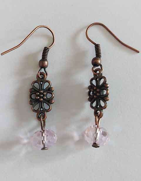 Cristia Earrings, Pink Crystal Beads, Copper Findings And Shepherds Hooks, 44mm