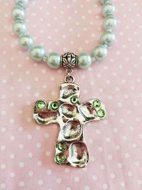 Perrine Necklace, Green Glass Pearls+Cross Pendant+Green Rhinestones, Lobster Clasp, 48cm+5cm