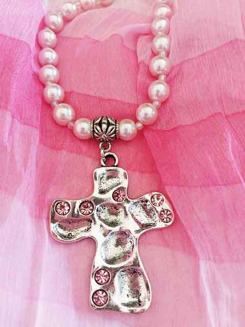 Perrine Necklace, Pink Glass Pearls+Cross Pendant+Pink Rhinestones, Lobster Clasp, 46cm+5cm