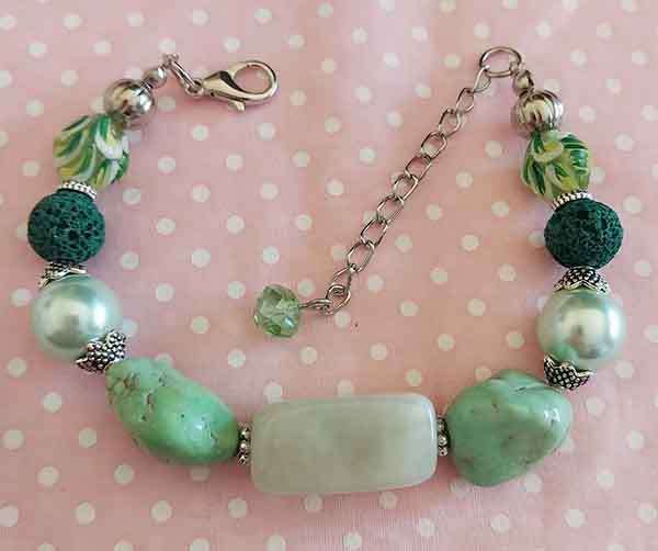 Simone Bracelet, Green Semi-Precious+Lava+Indian Beads, Nickel Findings, Lobster Clasp, 18cm + 5cm