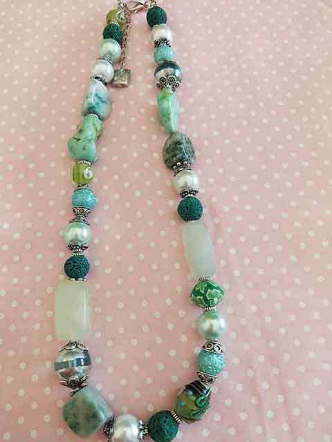 Simone Necklace, Green+White Glass Pearls,Green Glass+Lava Beads, Lobster Clasp, 46cm+5cm