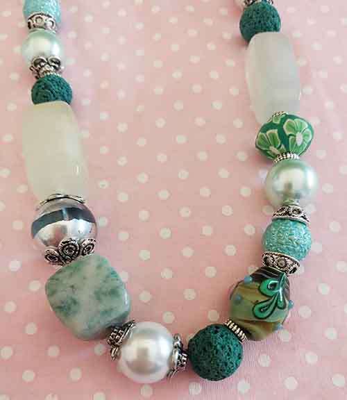 Simone Necklace, Green+White Glass Pearls,Green Glass+Lava Beads, Lobster Clasp, 46cm+5cm