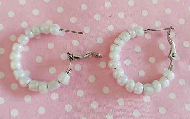 Cheri Earrings, Nickel Hoops With White Beads, Hoop Size ±25mm, 2pc