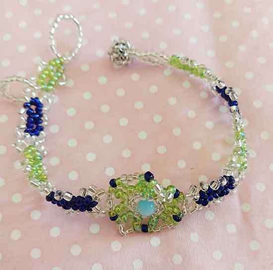 Cheri Bracelet, Seedbead Bracelet, White, Green And Blue Beads, 1pc