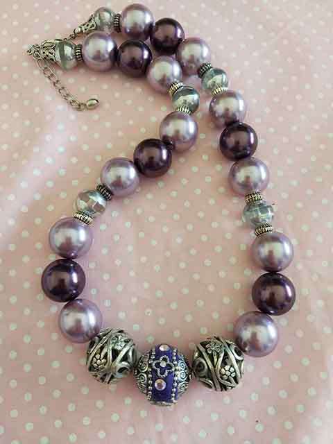 Perrine Necklace, Purple Glass Pearls+Clear Glass Beads+Egyptian Bead, Lobster Clasp 44cm+5cm
