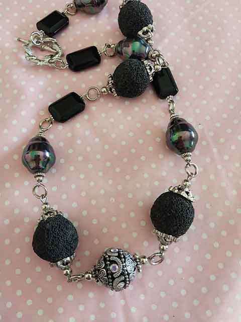Perrine Necklace, Black Shell Pearls+Black Lava Beads+Black Egyptian Bead, Toggle Clasp 52cm