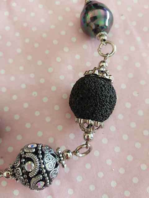Perrine Necklace, Black Shell Pearls+Black Lava Beads+Black Egyptian Bead, Toggle Clasp 52cm