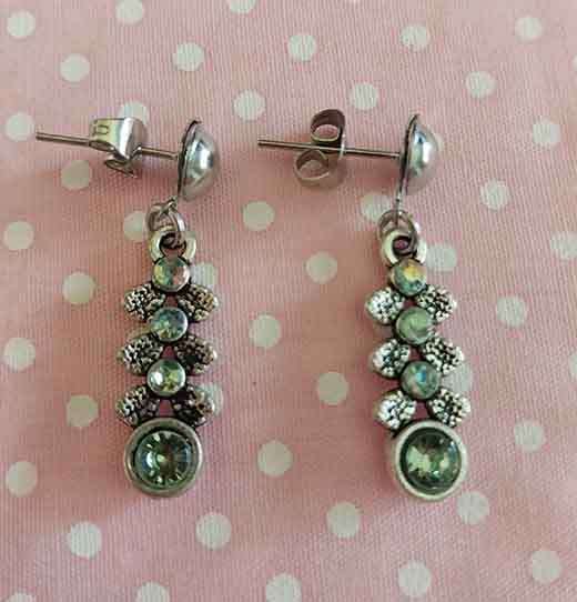 Riza Earrings, Green Rhinestones, Nickel Ear Studs, 30mm, 2pc