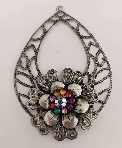 Pendant, Flower Detail With Rhinestones, Metal, Oval, Aged Nickel, 80mm x 57mm, 1pc