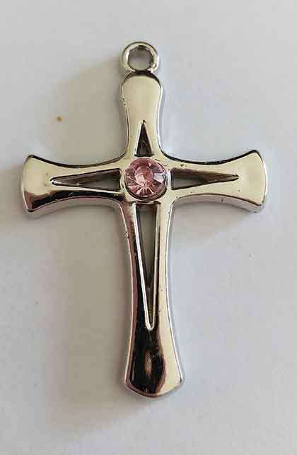 Pendant, Cross With Pink Rhinestone, Acrylic, Rhodium Plated, Nickel, 46mm x 32mm, 1pc