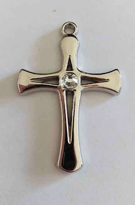 Pendant, Cross With Clear Rhinestone, Acrylic, Rhodium Plated, Nickel, 46mm x 32mm, 1pc