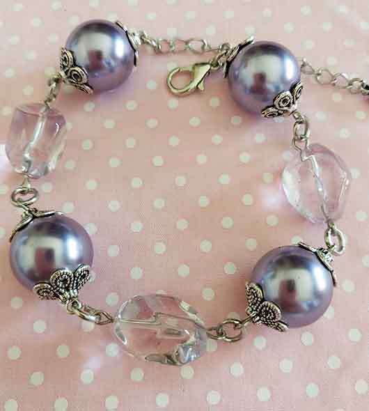 Perrine Bracelets, Purple Glass Pearls+Light Purple Quartz+Nickel Findings, Lobster Clasp, 20.5cm+5c