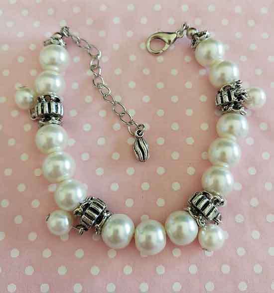 Perrine Bracelets, White Glass Pearls+Glass Pearl Charm +Nickel Findings, Lobster Clasp, 18.5cm+5cm