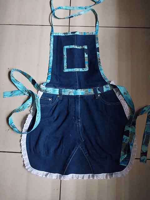 Apron, Handmade, Denim Size - Medium - Small, Denim+White Lace +Blue Cotton, 1pc