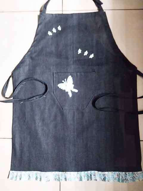 Apron, Handmade, Denim Size - Medium - XLarge, Denim+Light Blue Cotton+Butterflies, 1pc