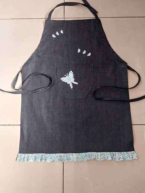 Apron, Handmade, Denim Size - Medium - XLarge, Denim+Light Blue Cotton+Butterflies, 1pc