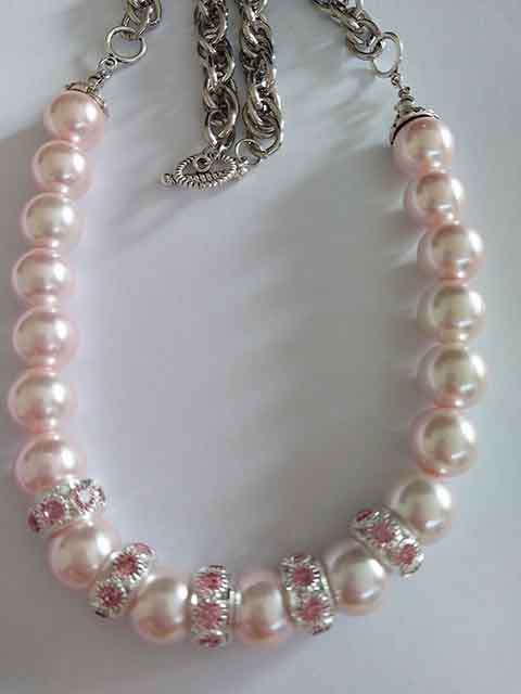 Perrine Necklace, Pink Glass Pearls, Rondals+Pink Rhinestones, Nickel Findings, Toggle Clasp, 48cm