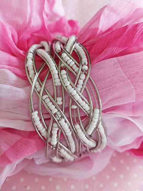 Burtell Bracelet, Bangle With White Seedbeads, Nickel, Top Width 32mm, 1pc