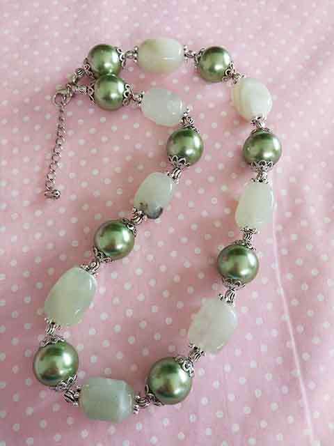 Perrine Necklace, Green Glass Pearls+Green Semi-Precious Beads, Nickel Findings, Lobster Clasp, 44cm