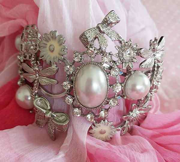 Perrine Bracelets, Nickel Bangle With Faux Pearls+Clear Rhinestones, Top Width 60mm, 1pc